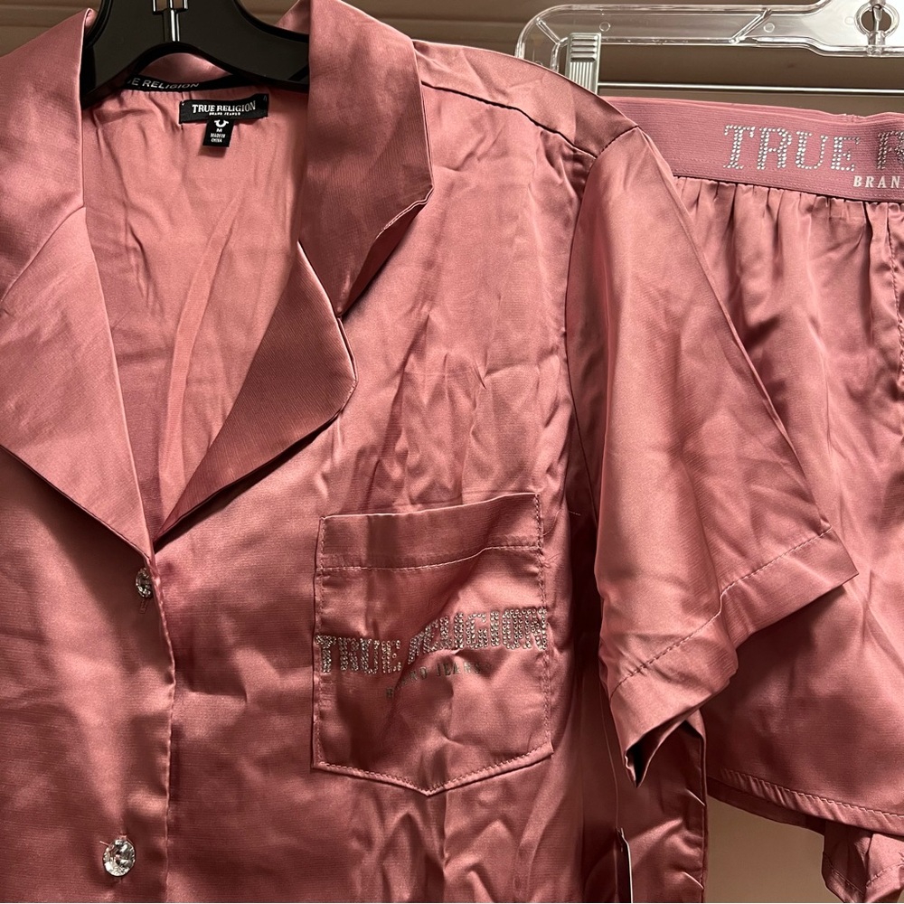 True Religion Pink Stretch Satin Boxer Pajamas with Notch Collar Button down Top - Picture 4 of 16